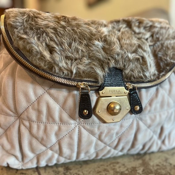 Authentic Furla Handbag with Faux Fur Trim